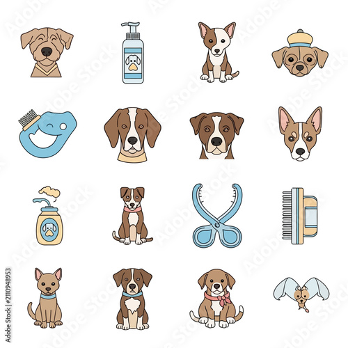 Dog grooming and pet care vector icon collection.
