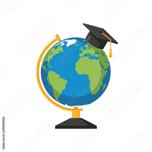 Earth globe wearing a black academic graduation cap.