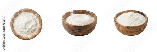 Canvas Print Wooden bowls filled with white flour and baking ingredients isolated on white ba