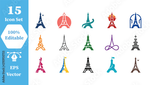 Eiffel tower landmark icon set with landmark architecture monument structure