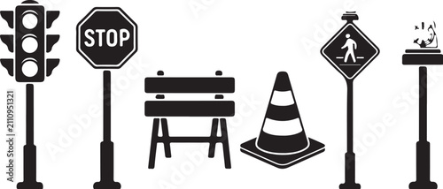 Black road traffic sign icon set, flat vector street safety symbols, stop sign and traffic light silhouettes, construction barrier and pylon graphics