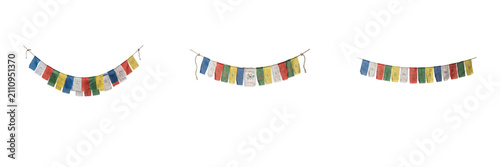 Фотография Colorful Tibetan prayer flags strung on cords and hanging in rows isolated on wh