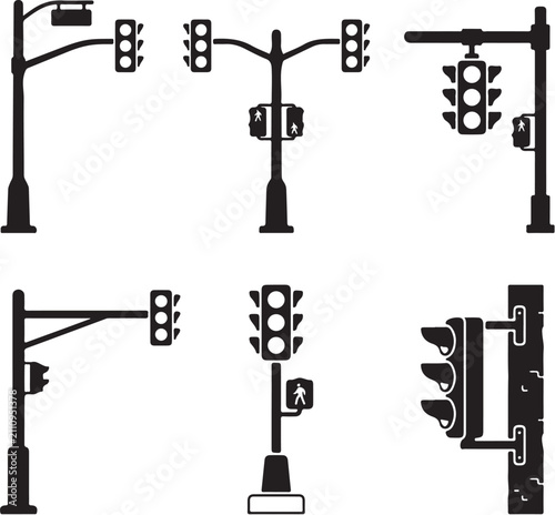 Traffic light silhouette icons set, urban street signal and pedestrian crossing lamp collection, black vector road safety equipment for city infrastructure
