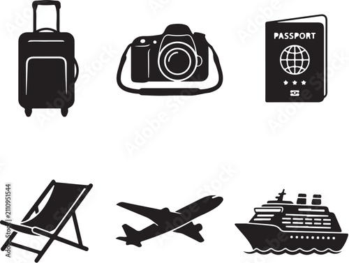 Travel and vacation icon set, black silhouette tourism symbols including suitcase and passport, airplane and cruise ship vector illustrations