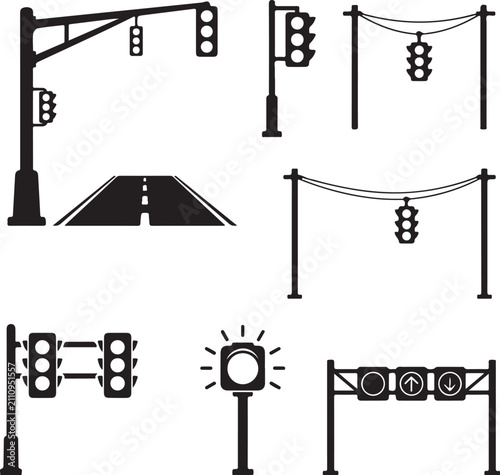 Traffic light vector icon set, black silhouette street signal collection, urban road infrastructure elements for city planning and transportation design
