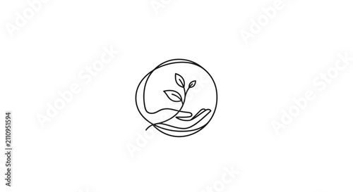 Bild auf Leinwand Abstract line art logo with hand nurturing plant growth in circle