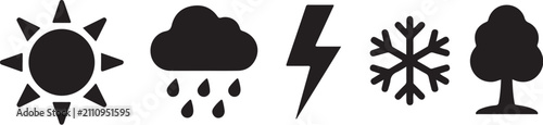 Minimalist weather icons set, black silhouette meteorology symbols, flat vector sun rain lightning snowflake and tree elements for forecast apps
