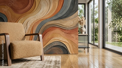 Cozy armchair in modern living room with abstract wallpaper and garden view