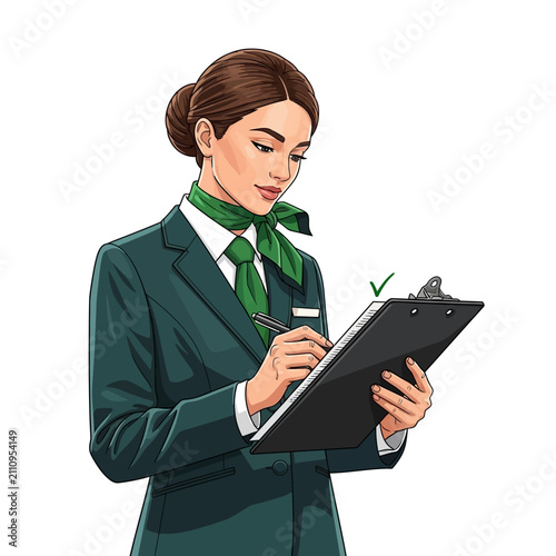 Female Flight Purser Checking Passenger List Flat Vector