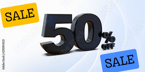 Foto Black 3D 50 percent off sign for retail promotion, half price sale banner with y