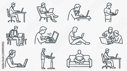 People Working on Laptops in Various Settings.
