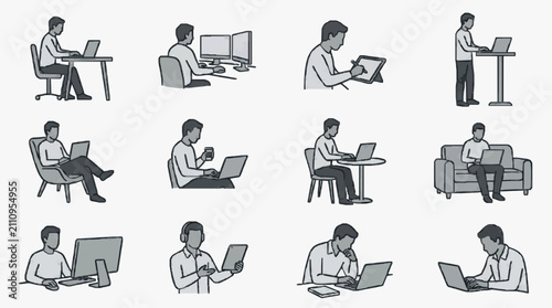 People Working on Laptops in Various Settings.