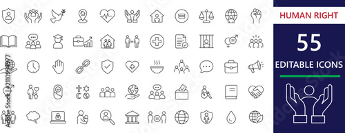 Human rights line icons for equality, diversity, justice, peace, accessibility, advocacy, and humanitarian initiatives.