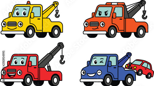Fotografie Cute cartoon tow truck collection featuring smiling recovery vehicles, roadside