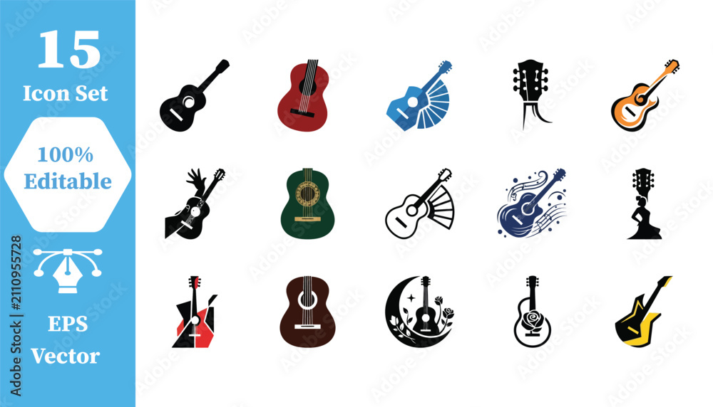 Fototapeta premium Set of 15 guitar icons with collection instrument illustration acoustic