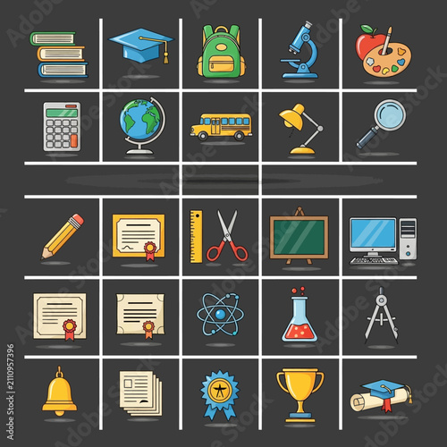 Grid of school supplies and academic success icons.