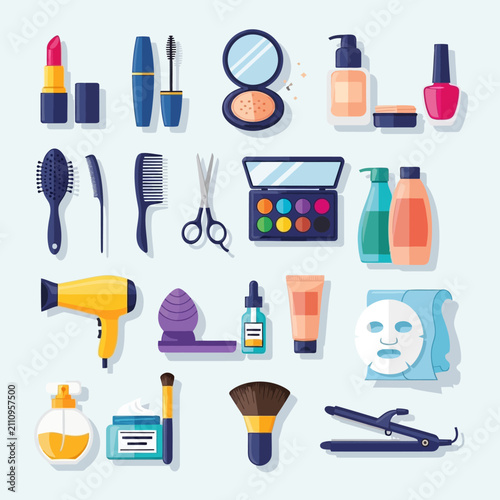 Hair salon and makeup kit equipment icons.