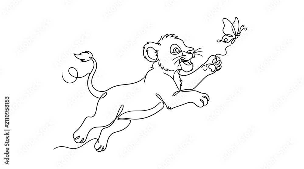 Obraz premium Continuous single line drawing of cute lion cub jumping to catch a butterfly with butterfly continuous wildlife
