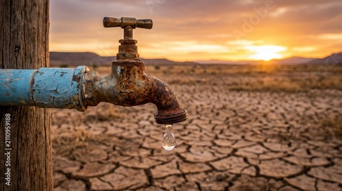 Rusty faucet in dry cracked earth at sunset symbolizing drought and water scarcity , El Niño