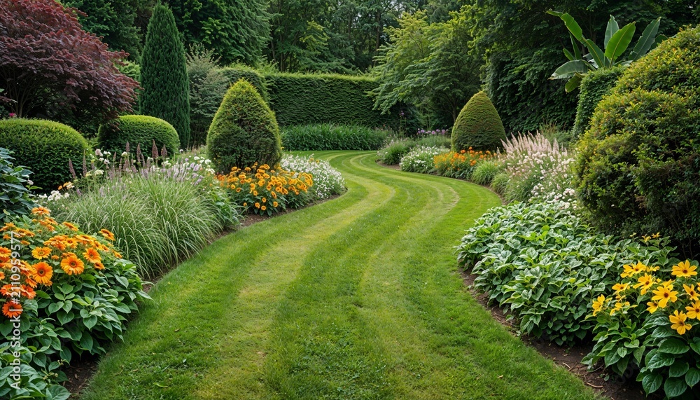 Fototapeta premium Winding garden path. Lush green landscape with colorful flowers and shrubs.