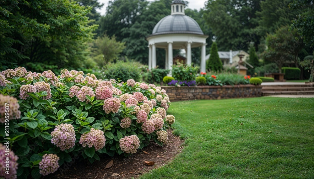 Obraz premium Blooming pink hydrangea flowers in a garden. Scenic park landscape with a white gazebo.