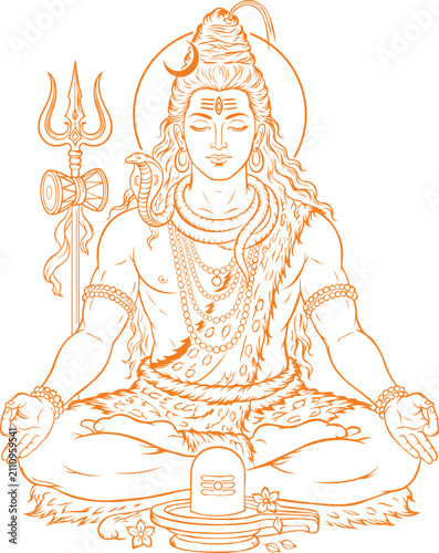 Orange Lord Shiva Line Art Vector Mahadev Spiritual Hindu Illustration