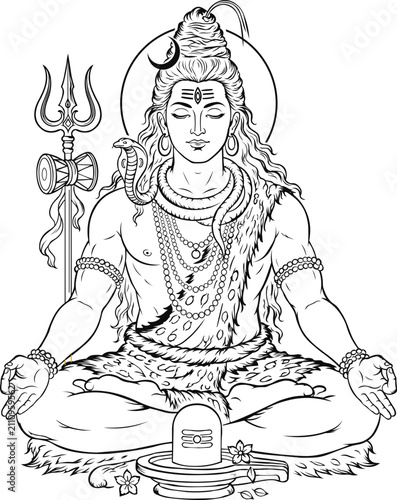 Black Lord Shiva Line Art Vector Elegant Mahadev Hindu Outline Illustration