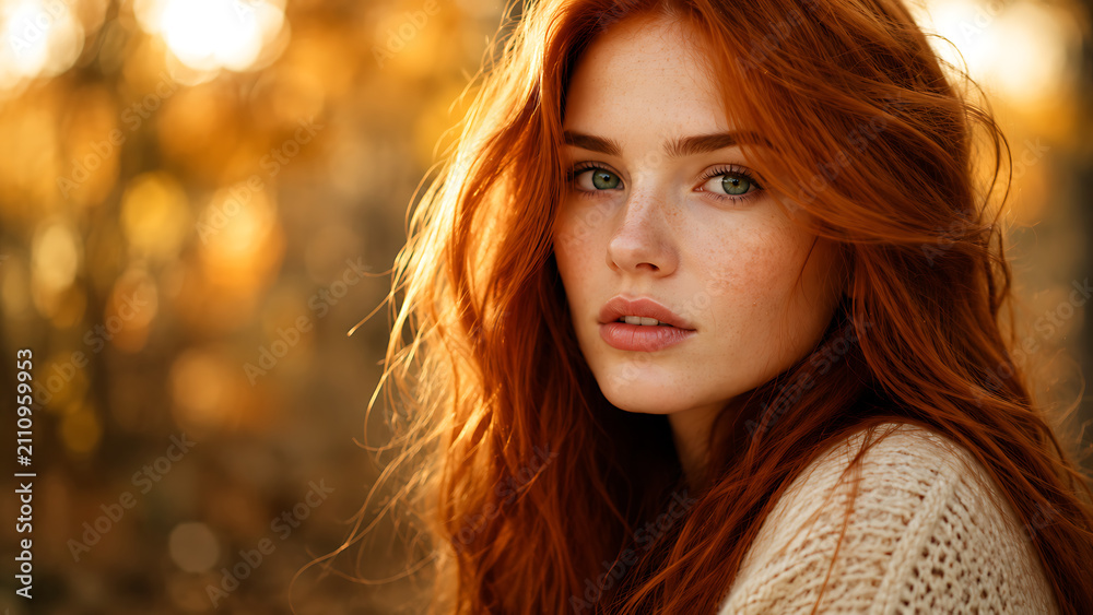 Fototapeta premium Beautiful young woman with long red hair and freckles in golden sunlight portrait