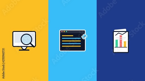 Flat design icons representing data search, software debugging, and business reporting.