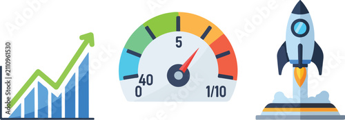 Business growth and startup success icons with rocket and gauge