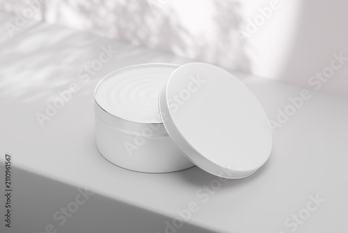 Quadro su tela Cosmetic tin jar mockup with open lid, blank white round metal container for cre