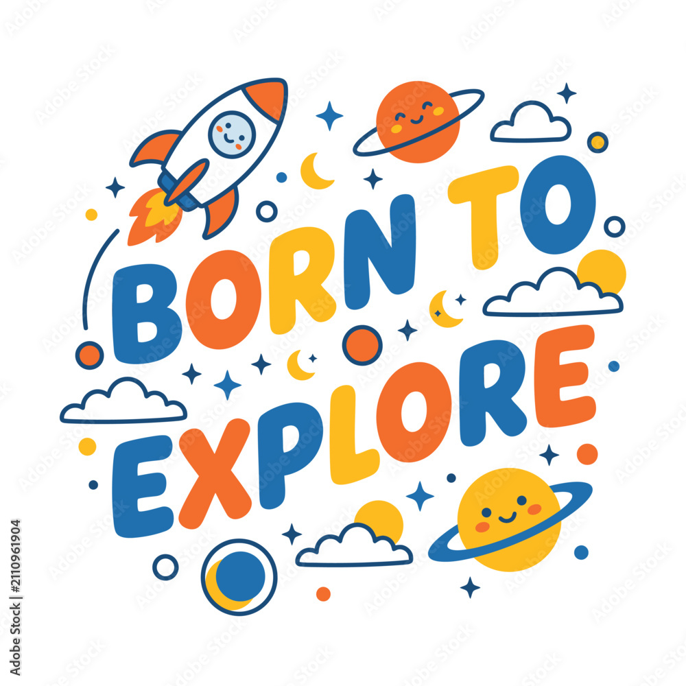 Fototapeta premium Outer Space Rocket Planet Moon Star Galaxy Vector Illustration for Kids Apparel Nursery Wall Art and Educational Poster Design