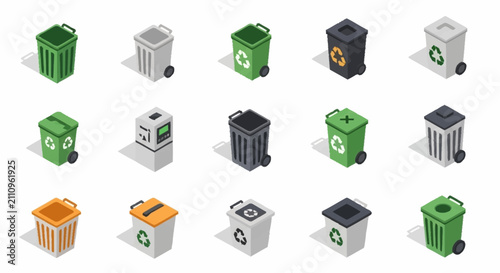 Konstfotografi Collection of Colorful Isometric Recycling Bin Icons.