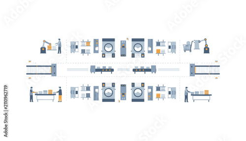 Automated laundry machinery and conveyor belts move laundry through a highly efficient and modern industrial processing facility.