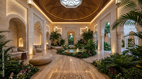 Luxury Tropical Courtyard Interior with Fountain and Dome