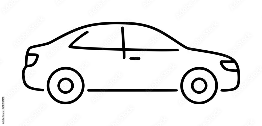 Fototapeta premium A clean black line art vector icon of a sedan car viewed from the side, symbolizing transportation, commuting, and automotive travel in a simple, editable, and scalable graphic style for modern