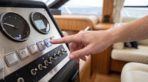 A hand reaches out to press a button on the boat control panel. The interior of the boat shows wood and leather with soft sunlight. The boat is moving on the water