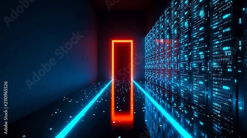 Glowing orange door in blue digital space