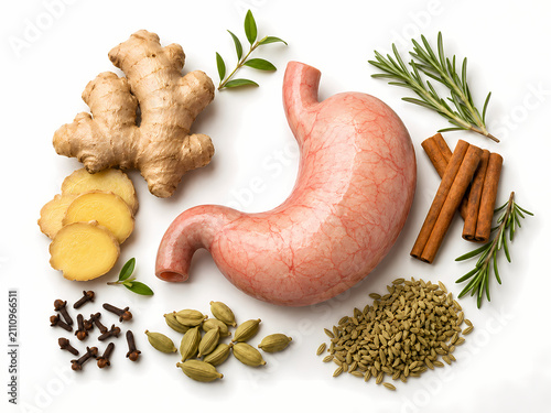 Anatomical human stomach illustration surrounded by digestive herbal ingredients and spices
