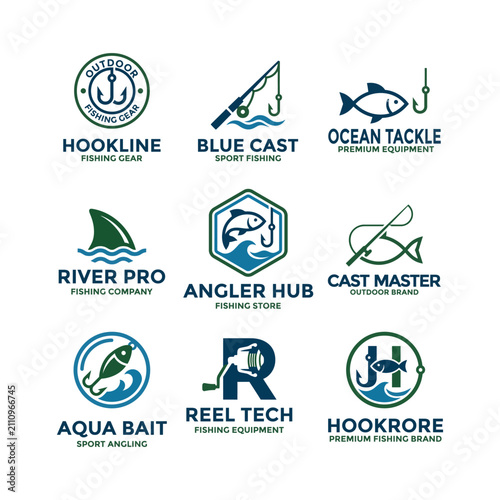Foto Fishing and angling sport logo set with adventure