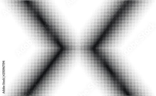 X shaped halftone pattern with black dots on white background, geometric cross texture, abstract monochrome for compositions