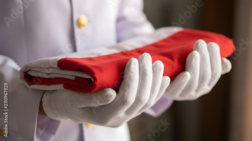 Gloved hands holding folded Indonesian flag.