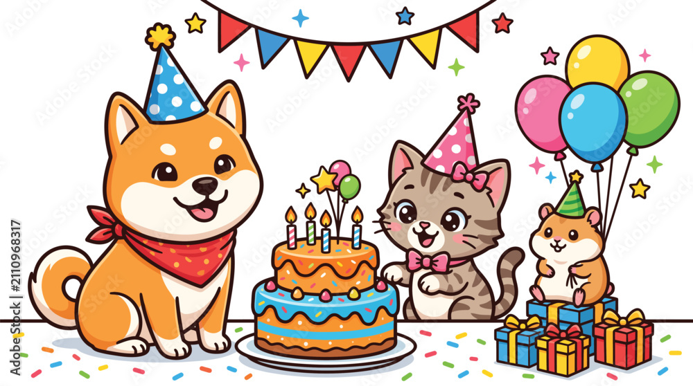 Fototapeta premium Cute Shiba Inu Dog Cat and Hamster Celebrating Birthday with Cake and Presents