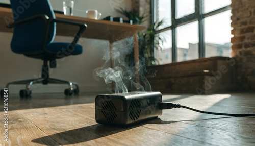 Overheating black electronic power adapter emitting smoke on wooden floor inside modern office interior with while resting wooden emitting thin wisps