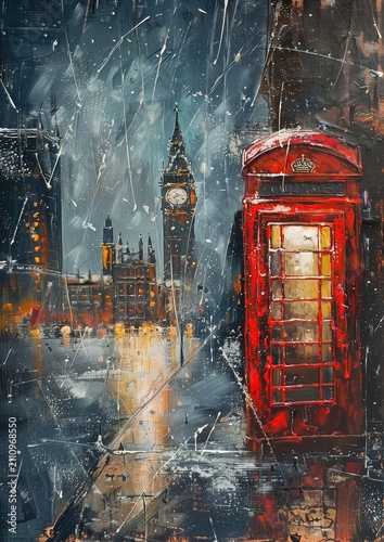 rainy night in london with red telephone booth