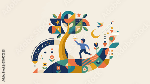 A stylized illustration of a person interacting with a geometric tree of knowledge