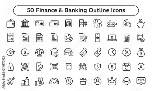Finance and Banking Outline Icons Set, Payment, Wallet, Money, Tax, Banking and Financial UI Line Vector Collection