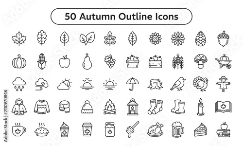 Autumn Outline Icons Set, Fall Season, Harvest, Thanksgiving, Nature and Cozy Lifestyle Line Vector Collection