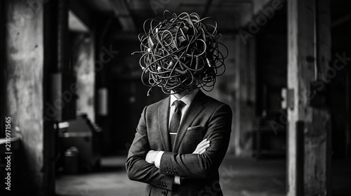 Man in Suit with Tangled Wires Head - Concept of Stress and Overwhelm