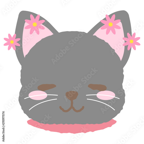 Bild auf Leinwand 周りにお花が飛んでいる幸せそうな表情の黒猫のお顔アイコンイラスト